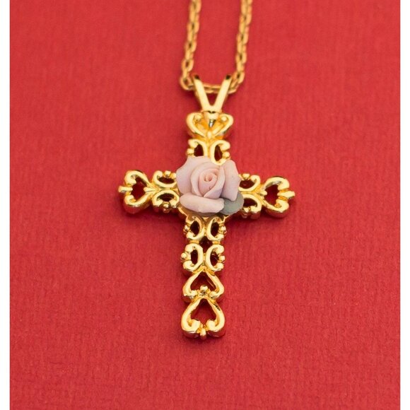 Vintage Cross Gold Tone with Delicate Rose 18 Inch By Avon - F6 - Picture 1 of 3
